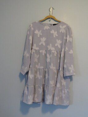 On Blue Light Gray Tiered Long Sleeve Tiered Tunic Dress Sz M Floral Cotton
